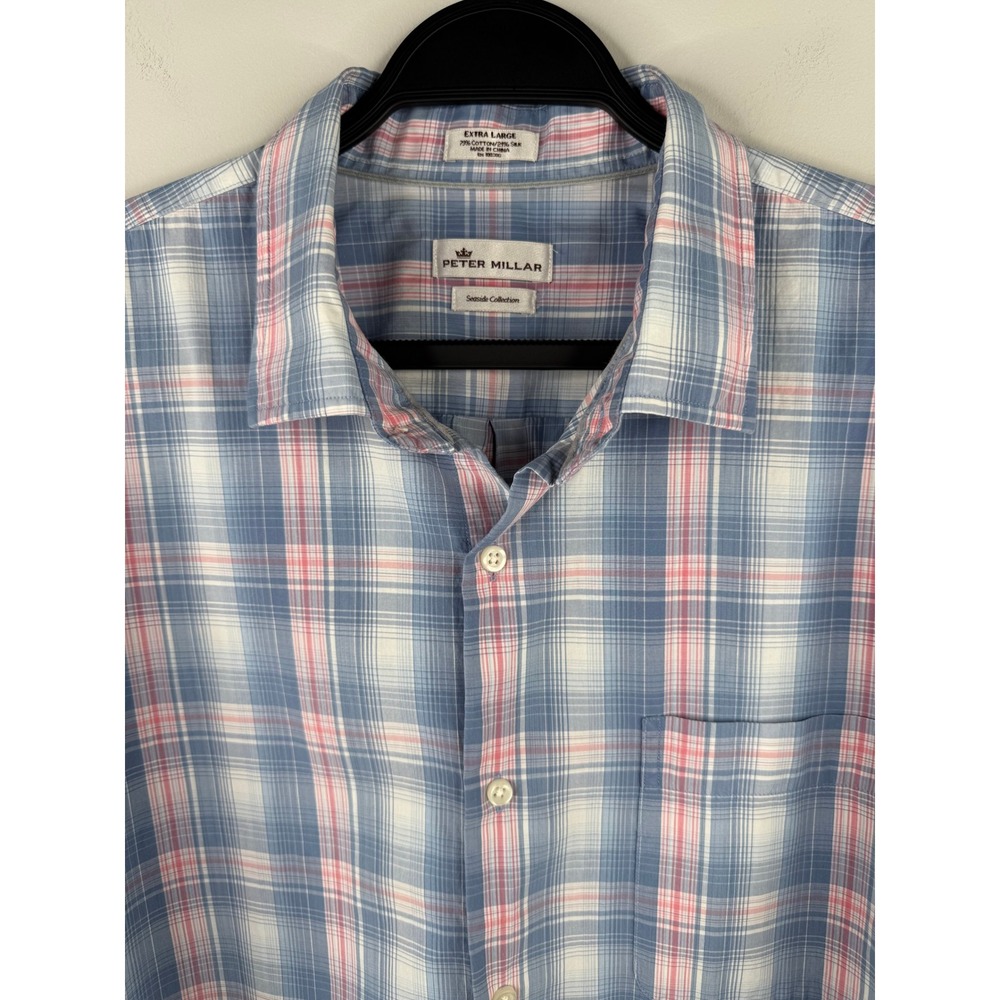 Peter Millar Seaside Collection Mens XL Shirt Blue Pink Plaid Cotton Silk Blend